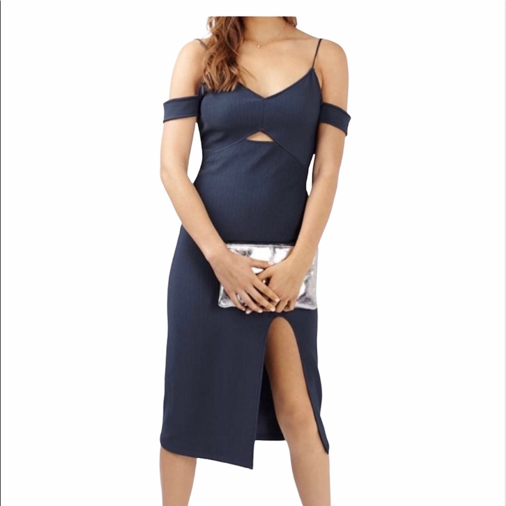 TOPSHOP Off The Shoulder Navy Ribbed Midi Dress
